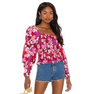 Free People Ariana Printed Top‎ Pink Size XS Feminine Floral Puff Sleeve Smocked